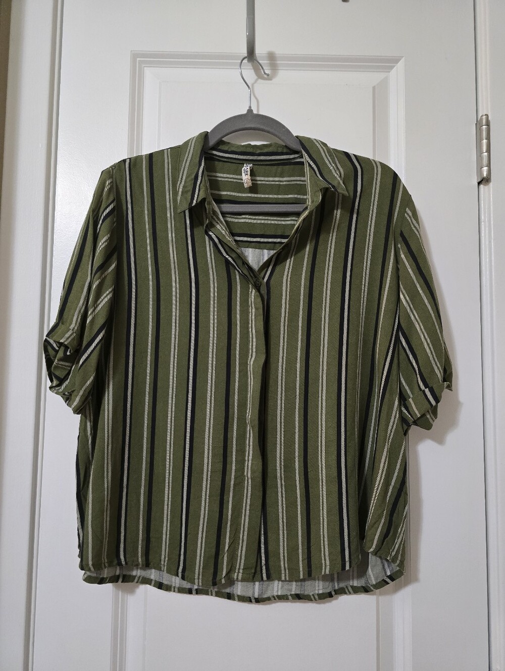 Olive Striped Boxy Button Down Shirt Size L